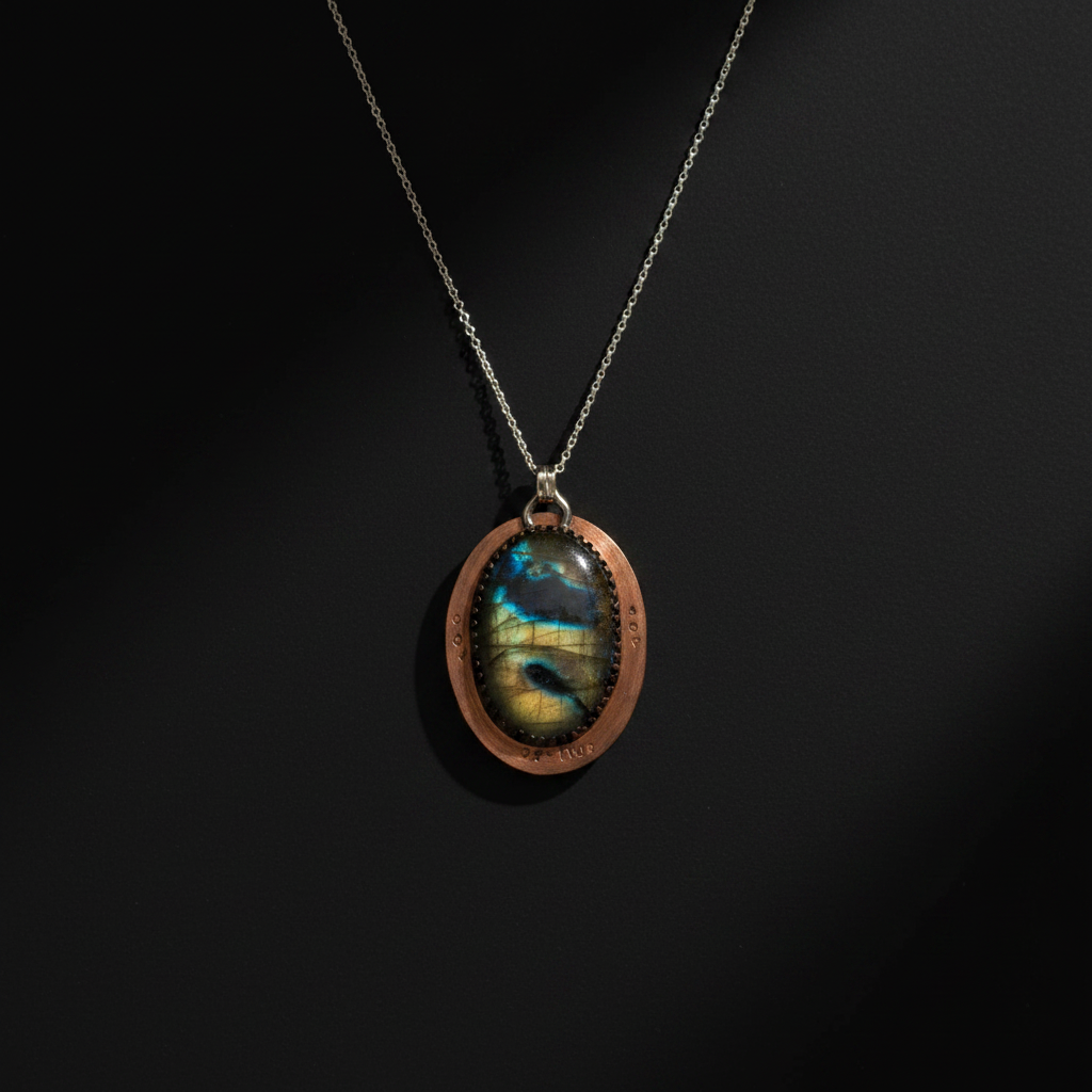 A copper oval pendant necklace featuring a natural labradorite stone with a blue and green iridescent sheen, suspended from a silver-toned chain against a dark background.