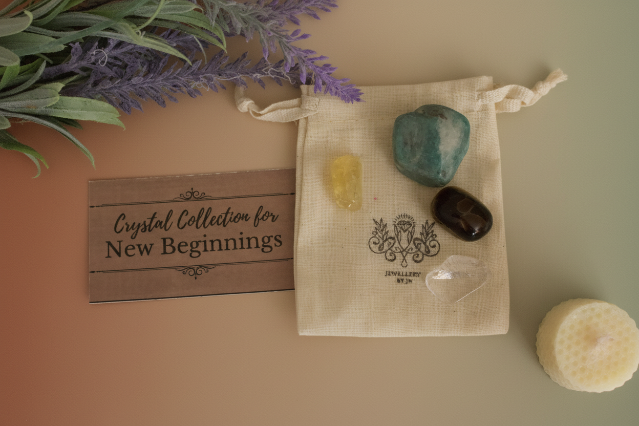 New Beginnings Gemstone Bag by Jewellery by JN, recycled cotton pouch with tumbled Citrine, Amazonite, Clear Quartz, and Tiger's Eye, displayed on creamy linen with ritual props.