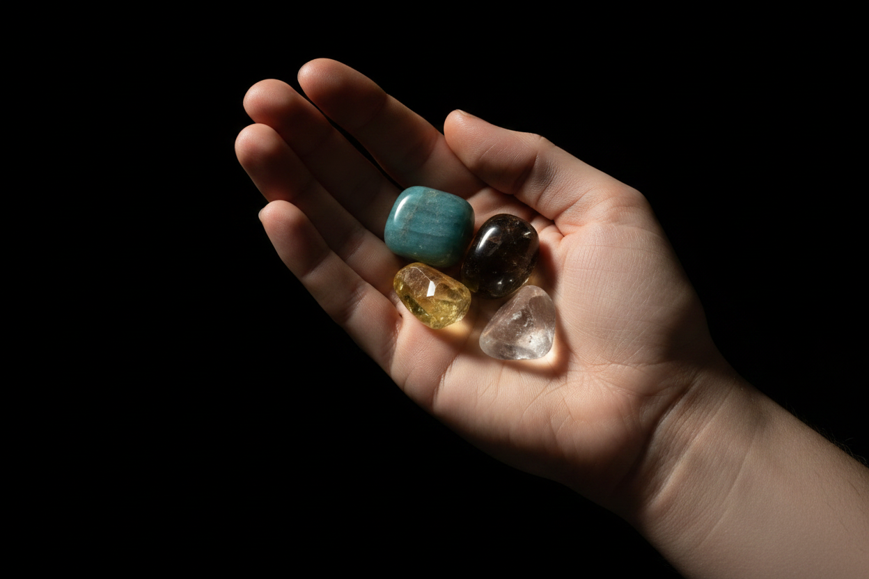 A human hand holding four polished tumbled gemstones against a solid black background. The stones include a turquoise-blue stone, a dark brown stone, a translucent yellow stone, and a clear quartz stone.