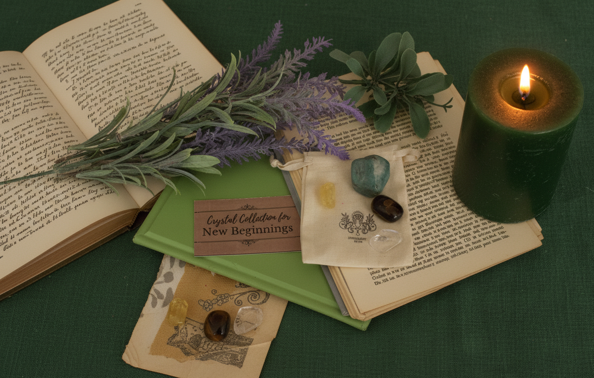 New Beginnings Gemstone Bag by Jewellery by JN styled with journal, affirmation card, beeswax candle, and dried flowers on earthy background