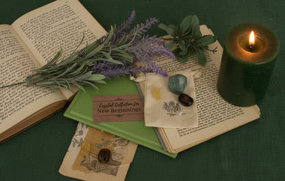 New Beginnings Gemstone Bag by Jewellery by JN styled with journal, affirmation card, beeswax candle, and dried flowers on earthy background