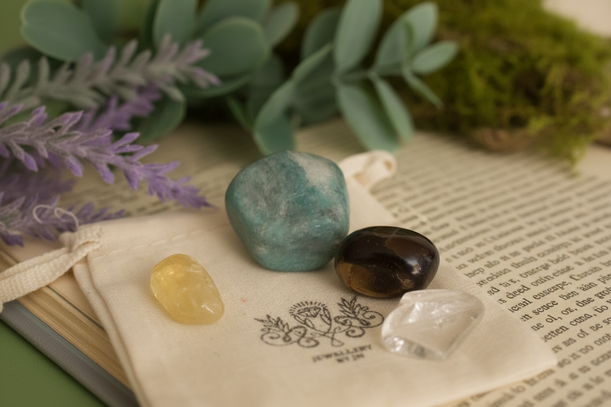 Close-up of tumbled gemstones from New Beginnings Gemstone Bag by Jewellery by JN, showing Citrine, Amazonite, Clear Quartz, and Tiger's Eye.