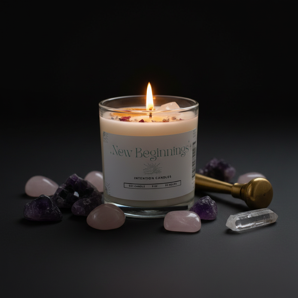 A lit candle in a clear glass jar with a cream label reading 'New Beginnings Intention Candles,' styled on a dark surface with pink and purple crystals and a brass tool around it.