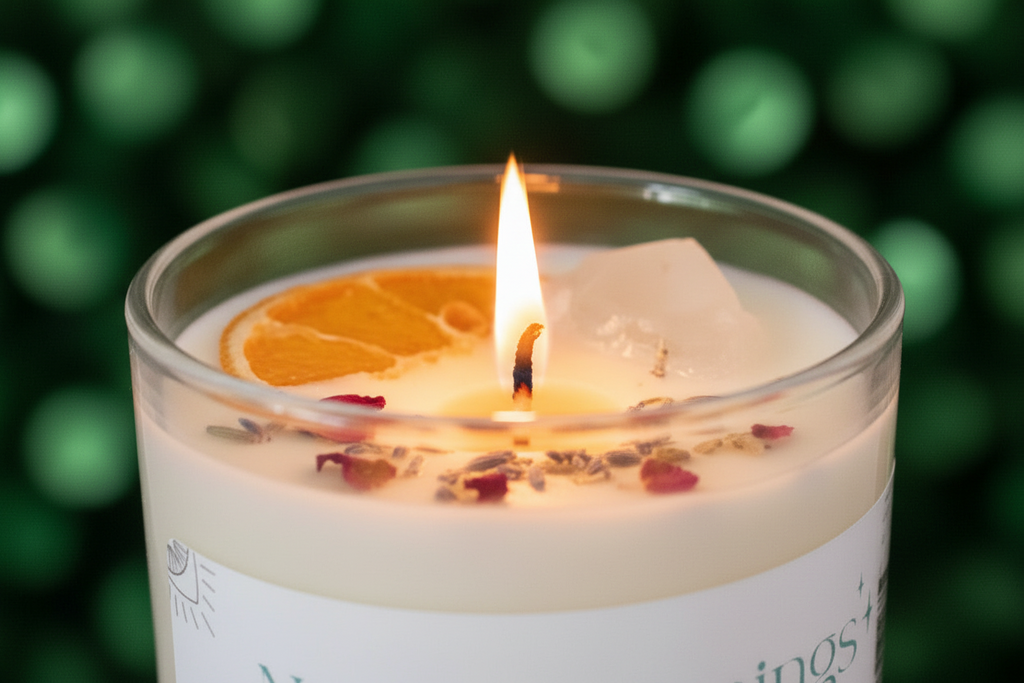 Close-up of New Beginnings Intention Candle by Jewellery by JN, highlighting Citrine, Clear Quartz, dried orange slices, and rosemary.