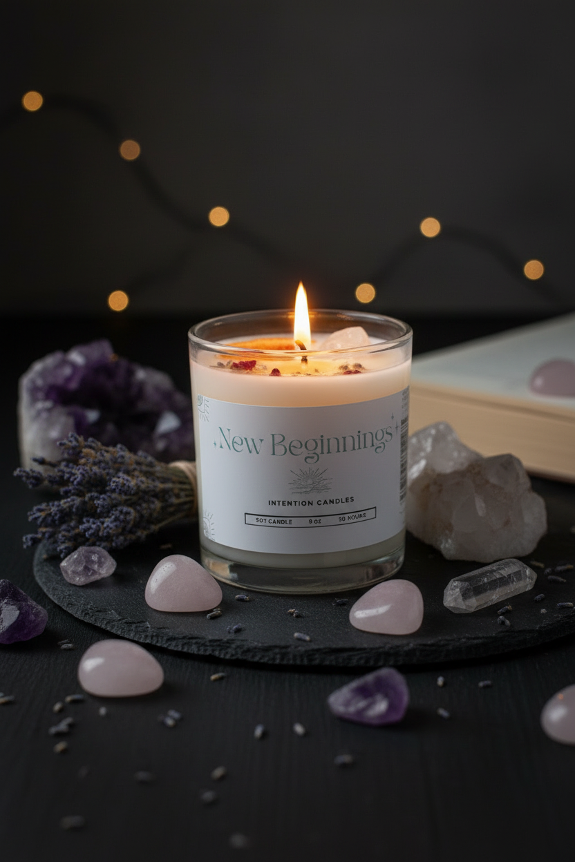 A lit jar candle labeled 'New Beginnings' sits on a dark slate tray surrounded by crystals, lavender buds, and a blurred book against a dark background with warm string lights.