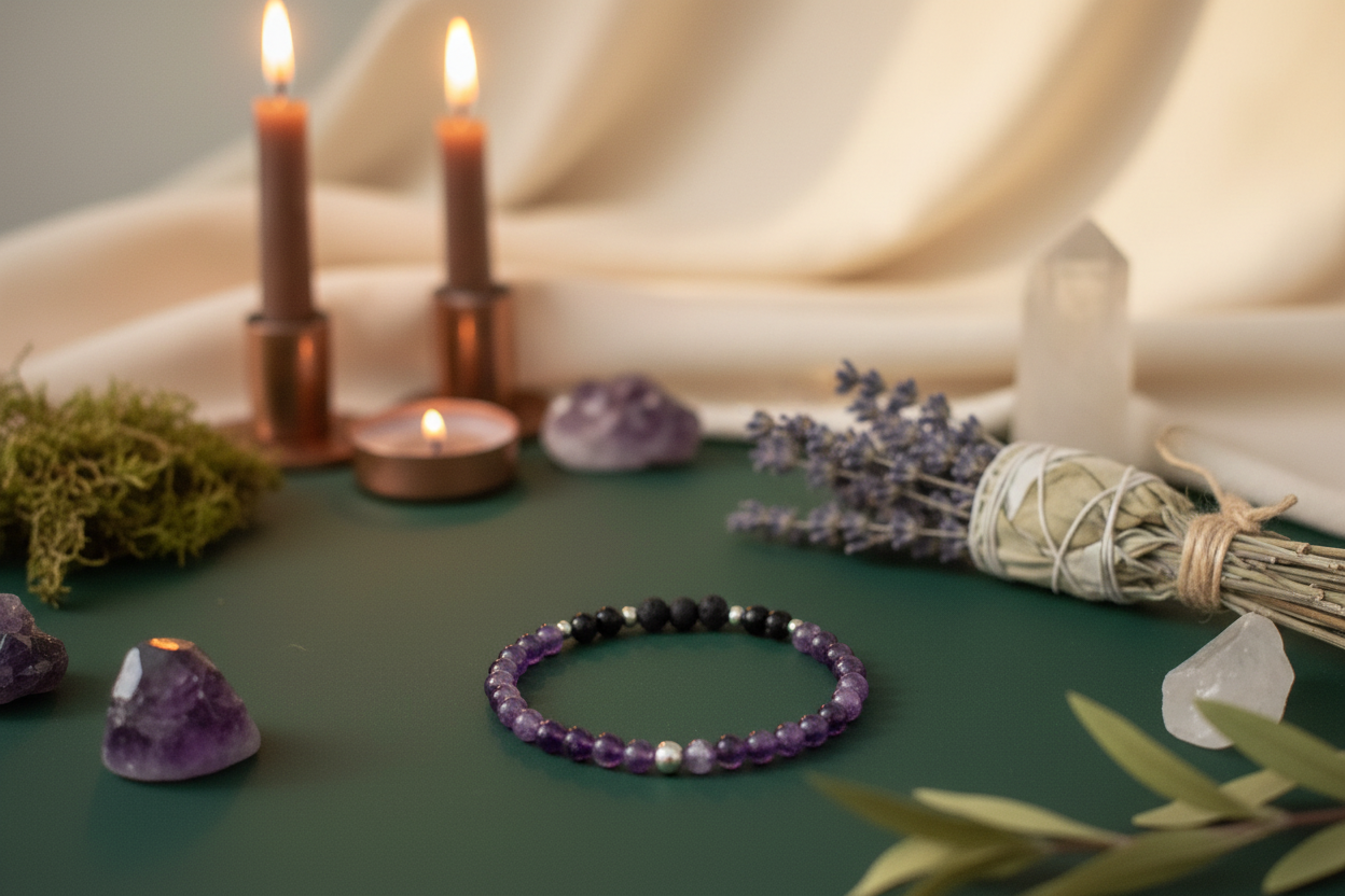 "Obsidian Dawn Bracelet styled with ritual props, featuring amethyst, grey volcanic rock, and silver beads, Jewellery by JN."