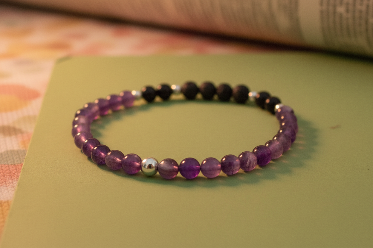 "Close-up of Obsidian Dawn Bracelet by Jewellery by JN, highlighting the amethyst, volcanic rock, and sterling silver bead details."