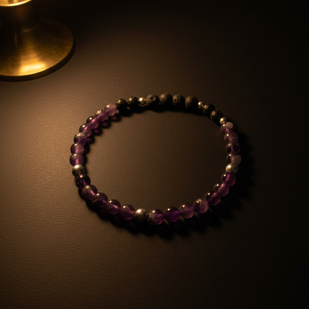 A beaded stretch bracelet featuring purple amethyst, black obsidian, and silver-colored metallic beads, displayed on a dark brown textured surface under warm, moody lighting.