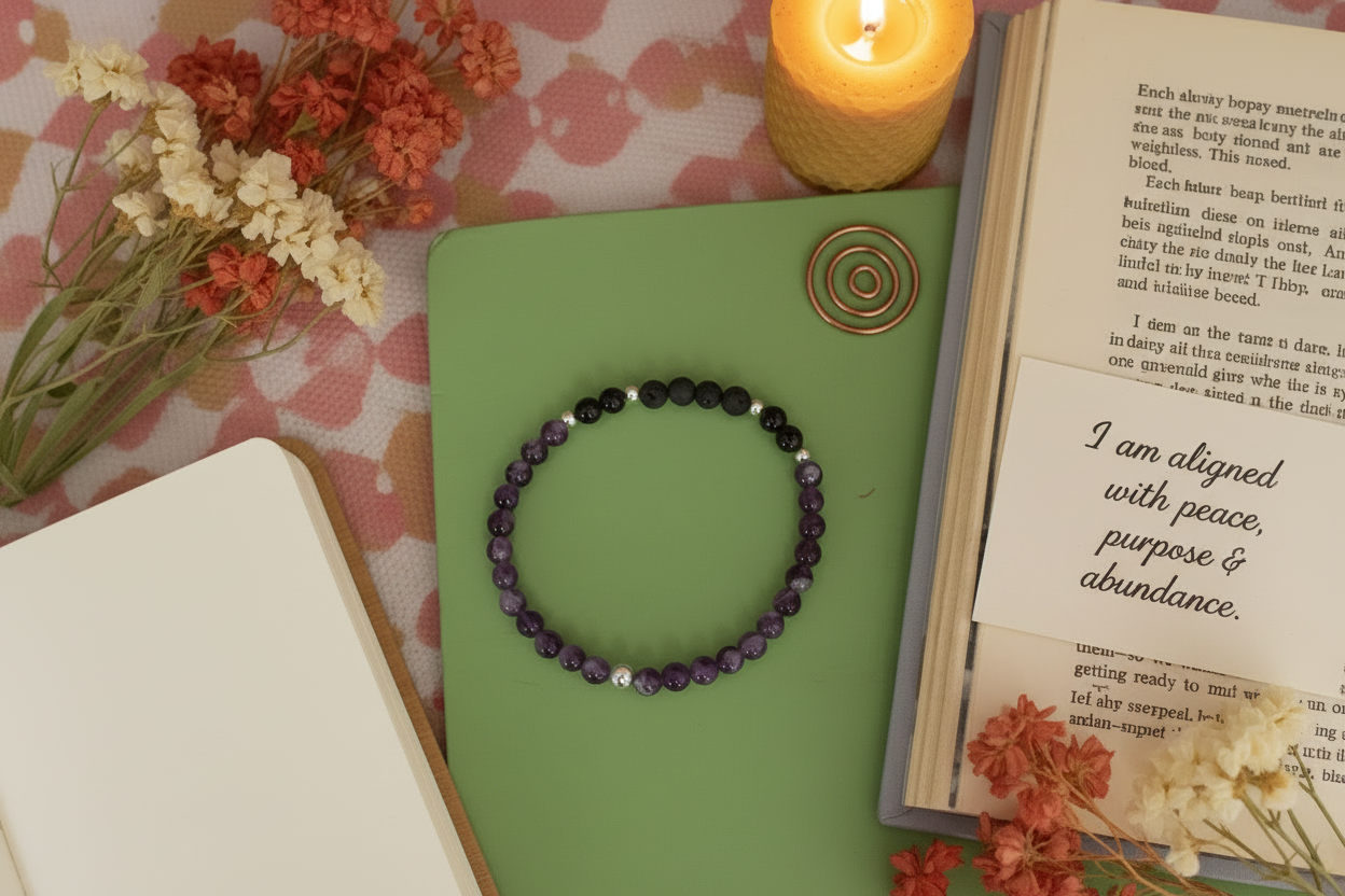 "Obsidian Dawn Bracelet by Jewellery by JN with handwritten affirmation card, styled with ritual props on a creamy background."