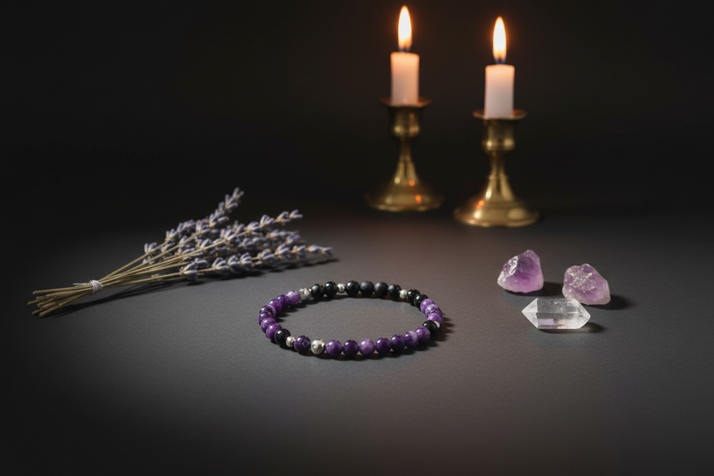 A beaded bracelet with purple, black, and white beads is displayed on a dark surface alongside lavender sprigs, raw amethyst and clear quartz crystals, and two lit candles in brass holders.
