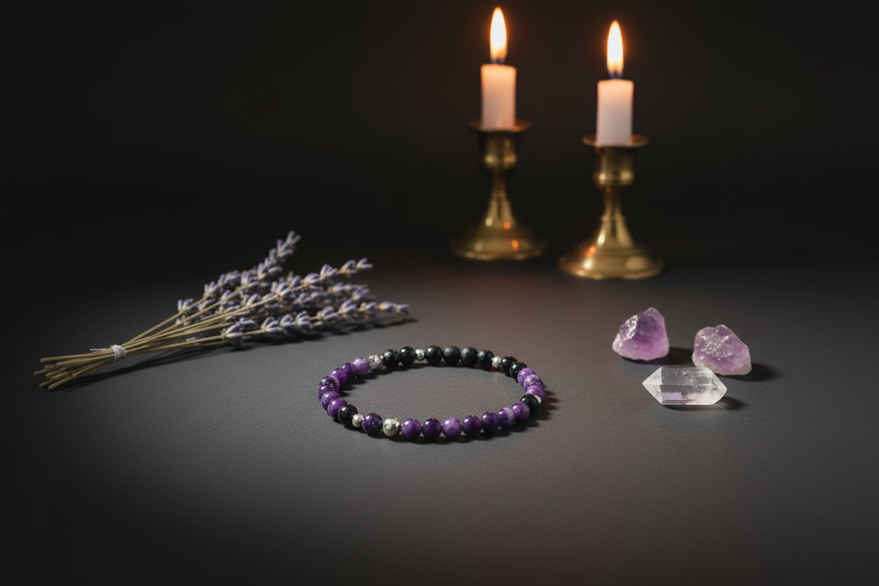 A beaded bracelet with purple, black, and white beads is displayed on a dark surface alongside lavender sprigs, raw amethyst and clear quartz crystals, and two lit candles in brass holders.