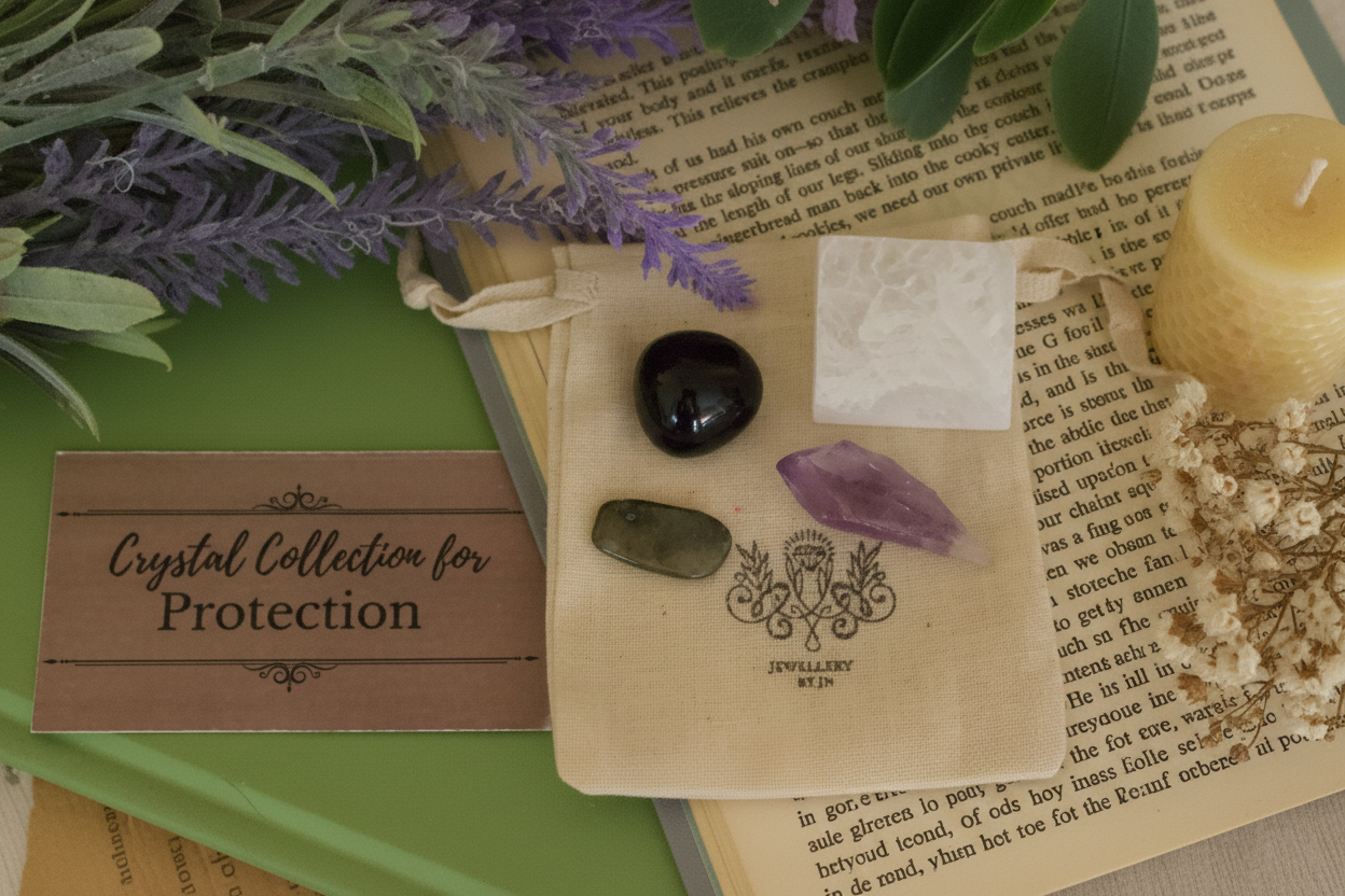 Protection Gemstone Bag by Jewellery by JN, recycled cotton pouch with tumbled Labradorite, Amethyst, Snowflake Obsidian, and Selenite, displayed on creamy linen with ritual props.