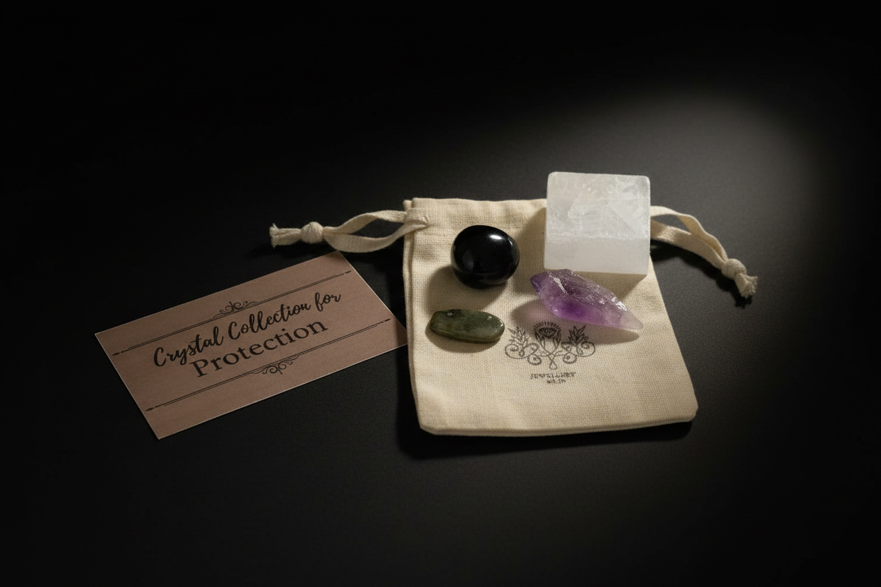 A crystal collection set displayed on a black background, featuring a cream drawstring pouch with four stones (black obsidian, green aventurine, purple amethyst, and white quartz), a small card reading 'Crystal Collection for Protection', and a white box.