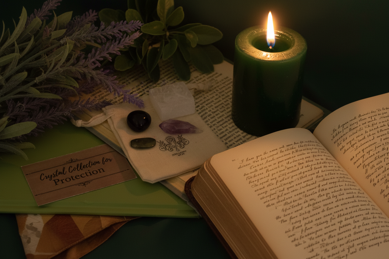 Protection Gemstone Bag by Jewellery by JN styled with journal, affirmation card, beeswax candle, and dried flowers on earthy background.