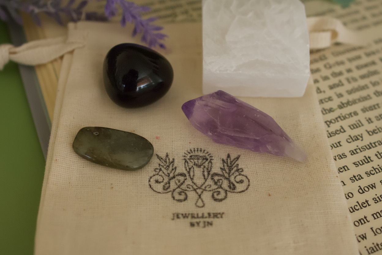 Close-up of tumbled gemstones from Protection Gemstone Bag by Jewellery by JN, showing Labradorite, Amethyst, Snowflake Obsidian, and Selenite.