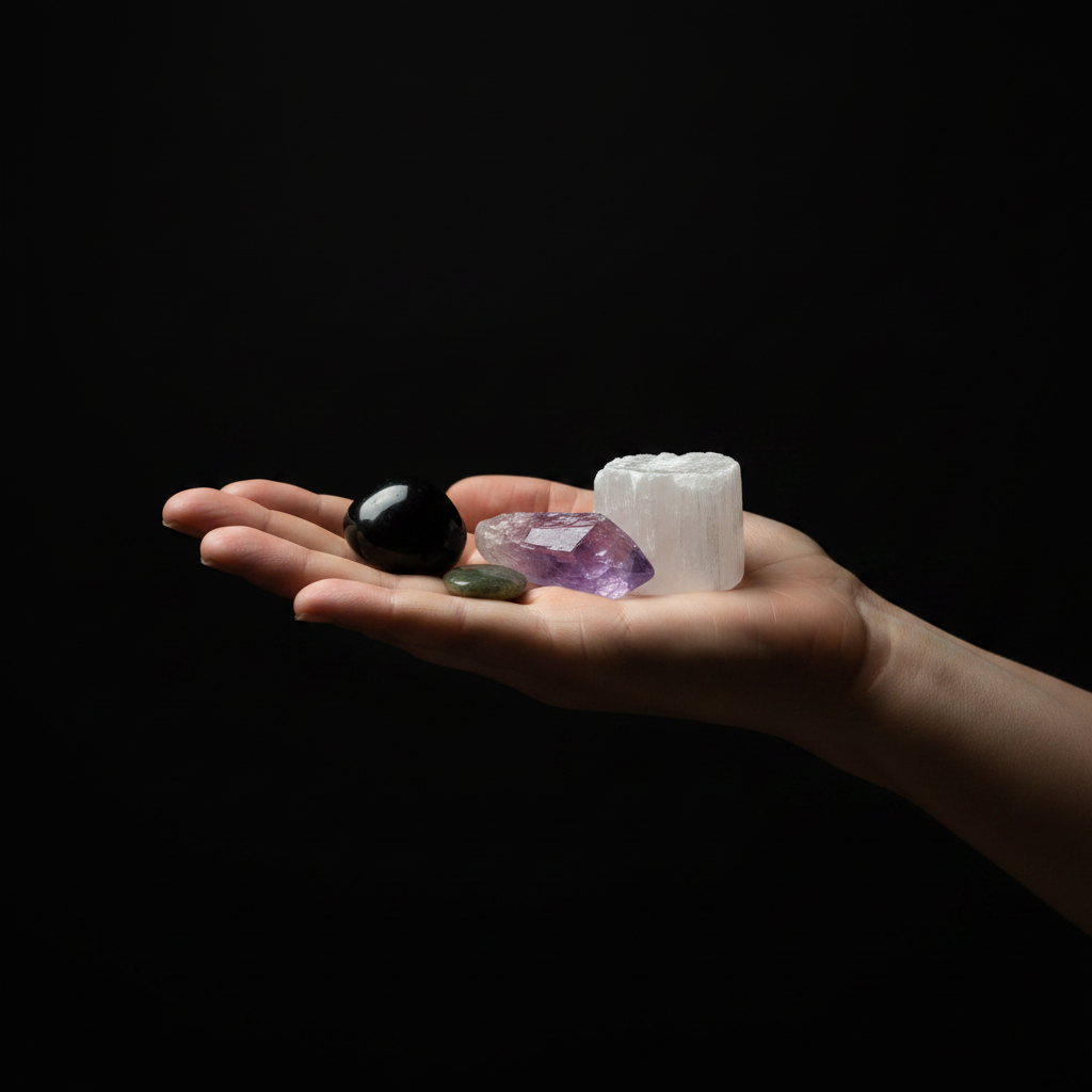 A human hand holding several small crystals and stones against a solid black background, including a black sphere, a white cuboid crystal, a purple amethyst cluster, and a small green stone.