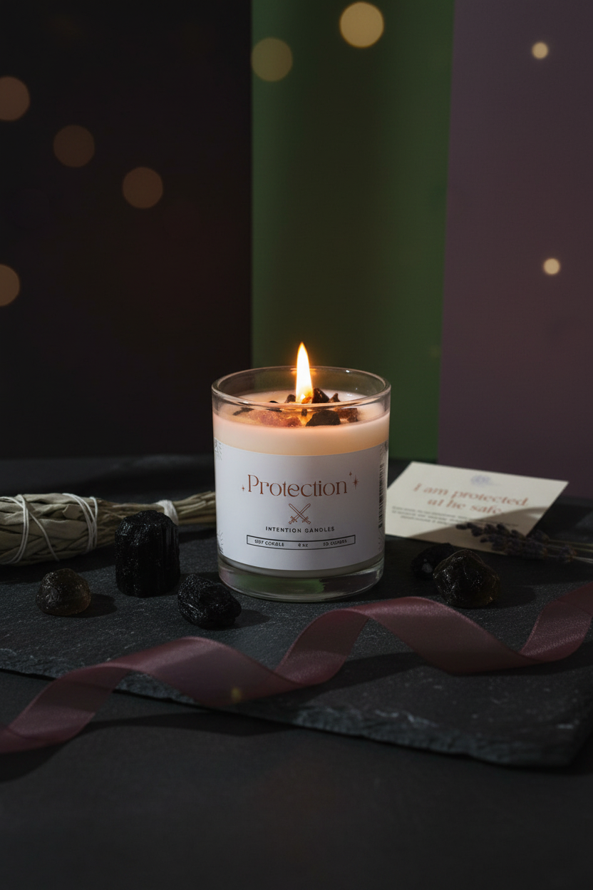 A lit candle in a clear glass jar sits on a dark slate surface with a burgundy ribbon, dried herbs, and small dark stones around it. The candle label reads 'Protection' and 'Moonlit Melange.