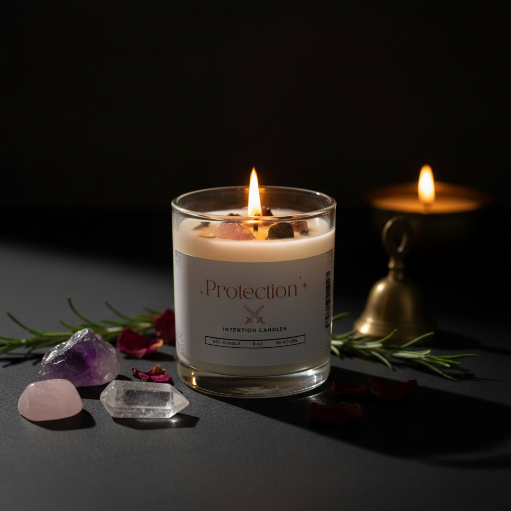 A lit glass jar candle labeled 'Protection' sits on a dark surface with rosemary, crystals, and a softly blurred second candle in the background.