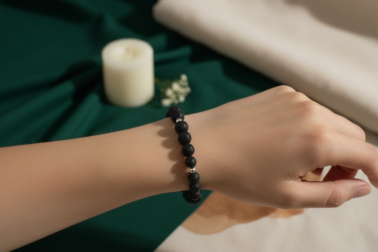 Hand wearing a black beaded bracelet with a blurred candle and fabric in the background