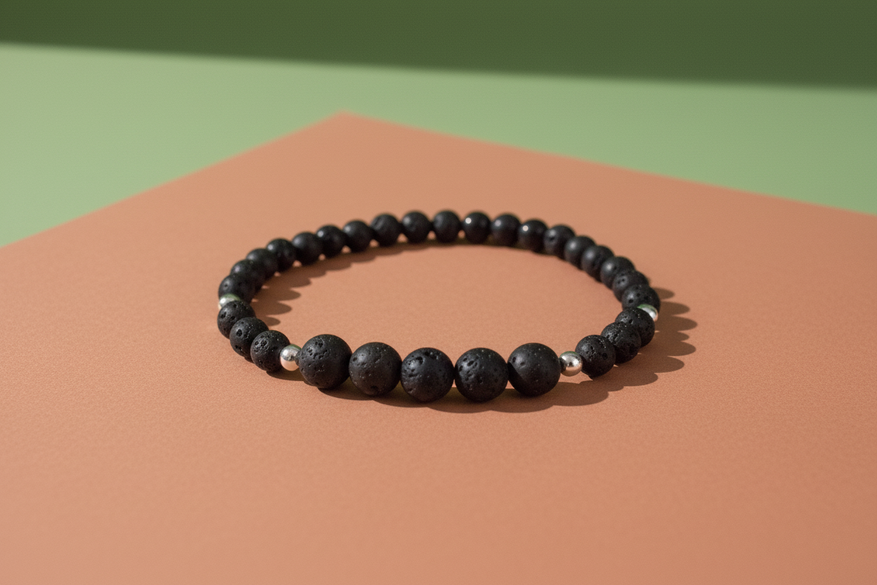 Black beaded bracelet on a pink and green background