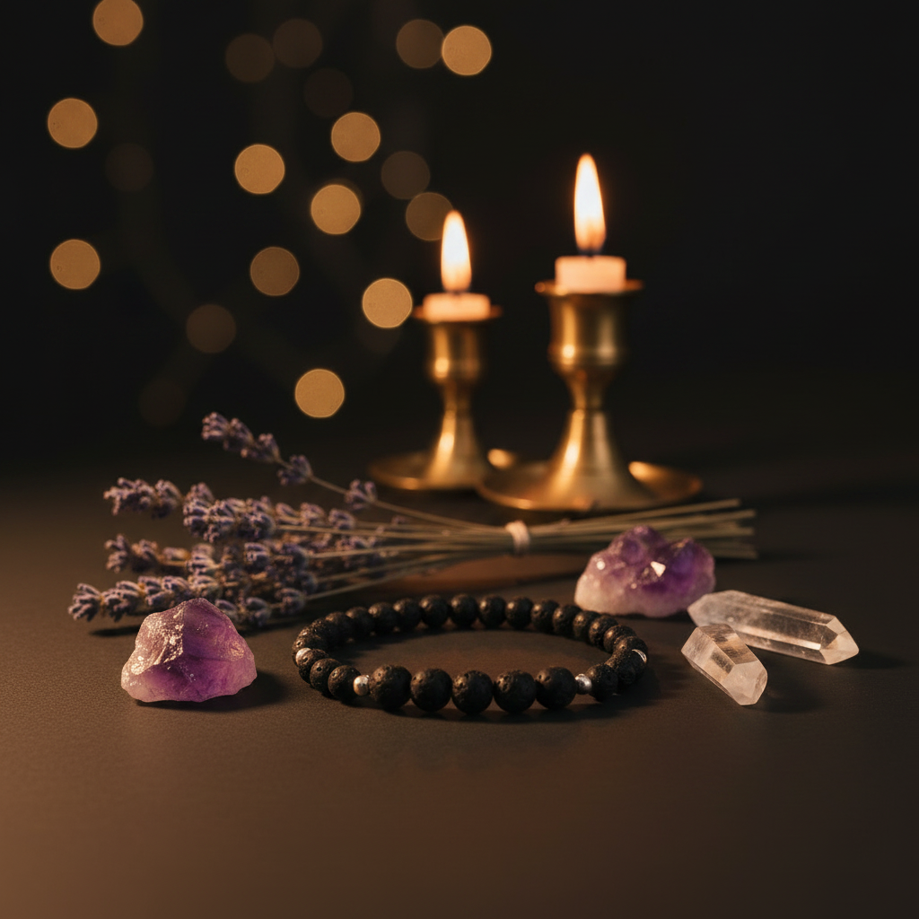 A black beaded bracelet is displayed on a dark surface alongside purple amethyst crystals, clear quartz points, dried lavender, and two lit brass candlesticks with warm golden bokeh lights in the background.
