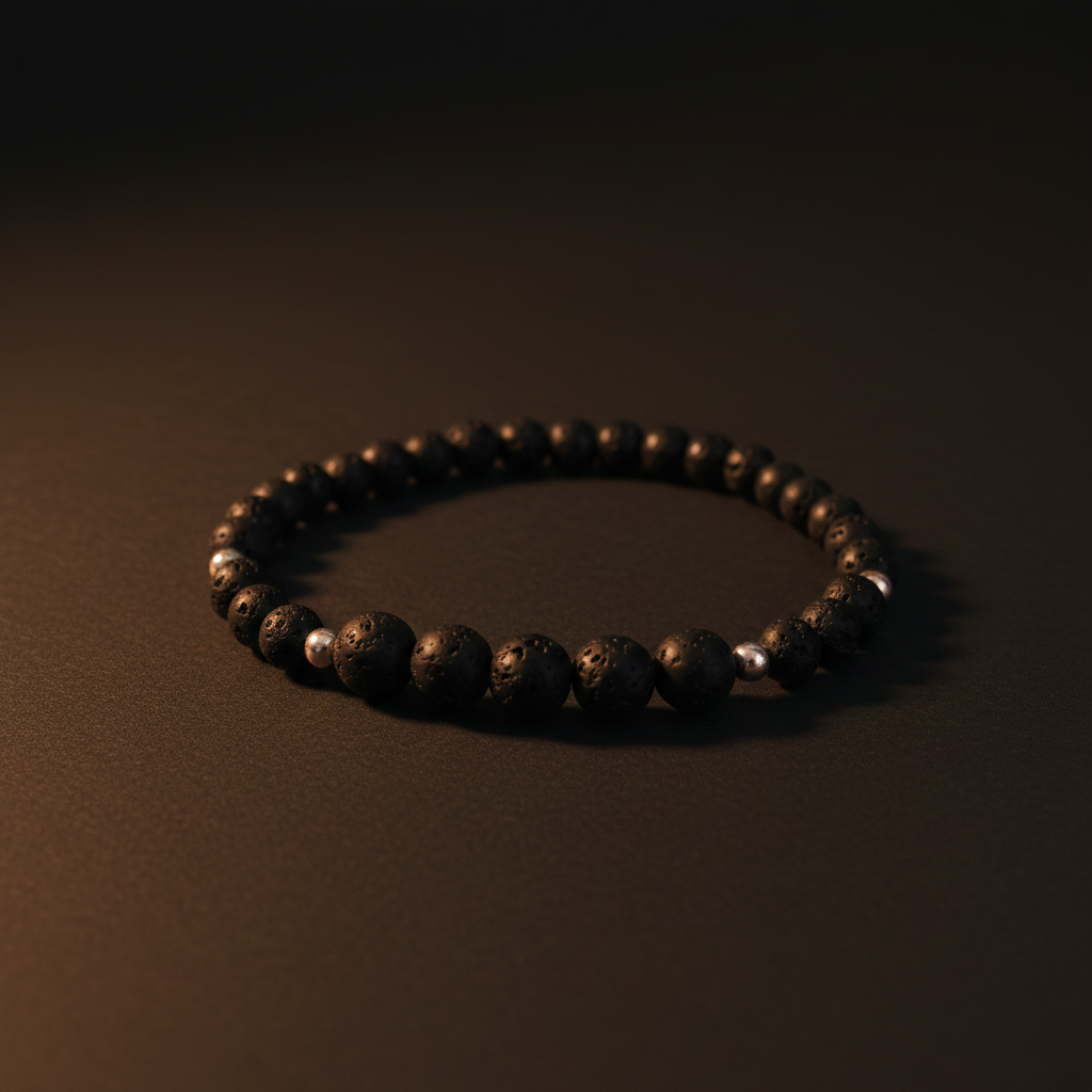 A beaded bracelet made of dark, textured round beads arranged in a circle on a dark brown surface.