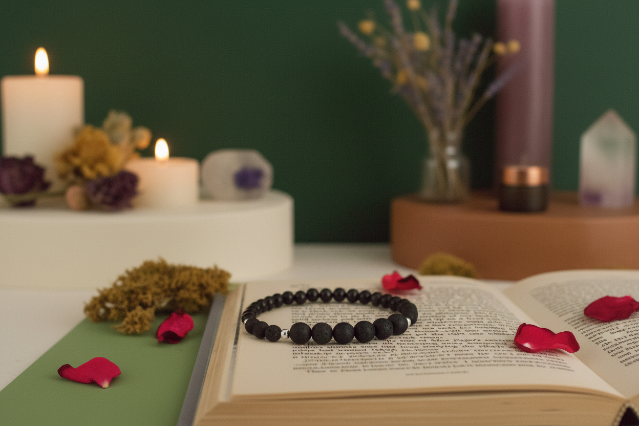 Black beaded bracelet on an open book with candles and flowers in the background