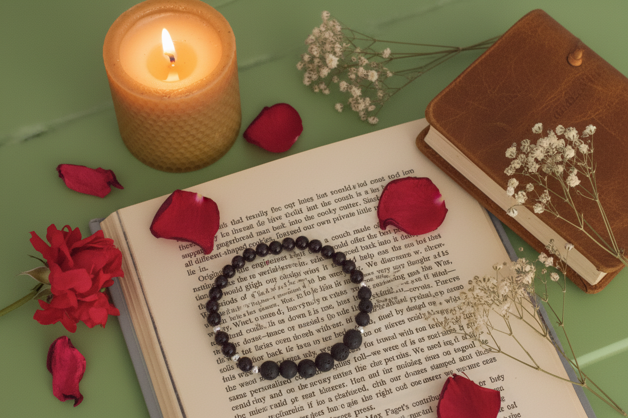 Open book with a bracelet, candle, and flowers on a green surface