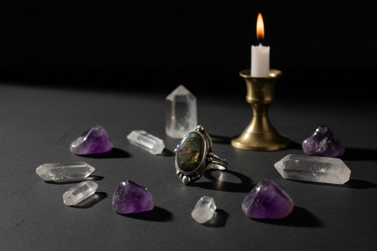A silver ring with a large oval amethyst cluster setting, displayed on a dark surface surrounded by raw purple crystals, clear quartz points, and a lit brass candle holder against a black background.