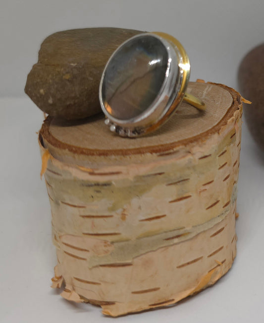 Lunar Balance – Labradorite Ring with Brass & Sterling Silver Accents size 6/6.25