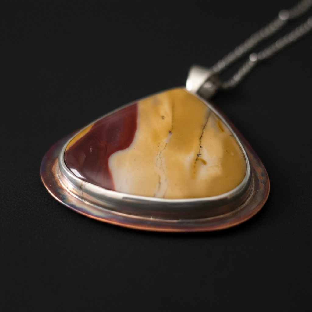 A close-up of a triangular pendant necklace featuring a marbled stone with yellow, cream, and reddish-brown sections, set in a silver-toned metal bezel with a copper-toned outer rim, hanging from a silver chain against a dark background.
