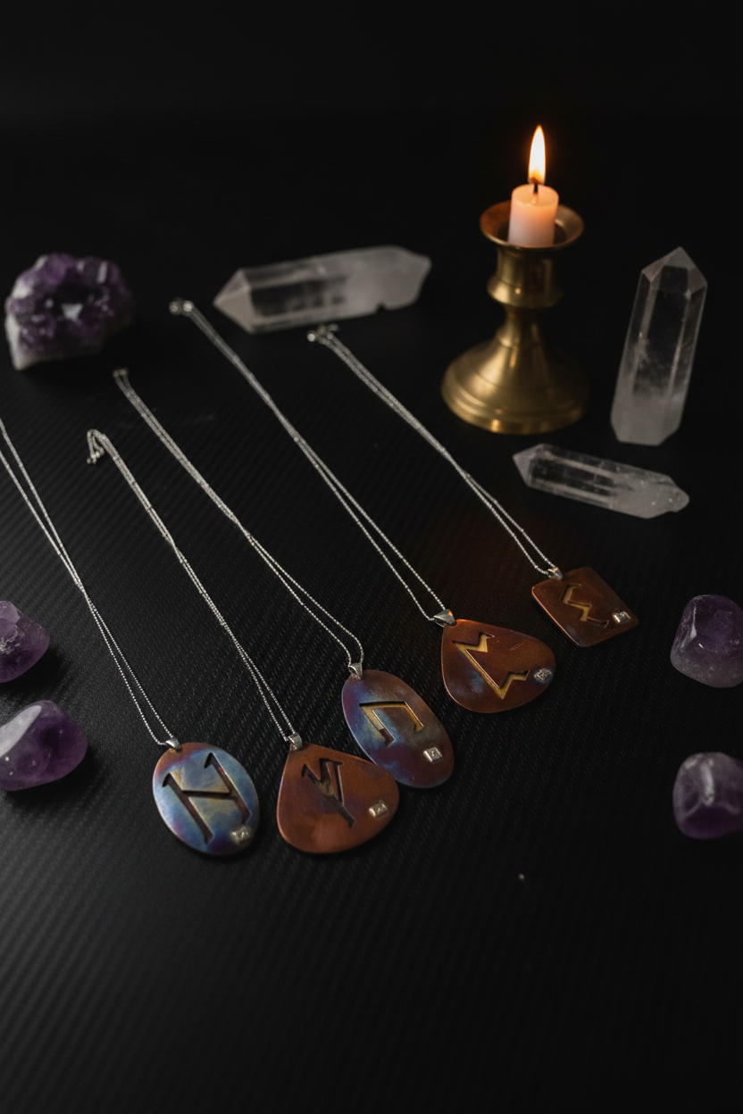 Four silver-toned necklaces with oval iridescent pendants engraved with zodiac symbols are arranged on a black surface alongside crystals, a brass candlestick with a lit candle, and purple amethyst stones.