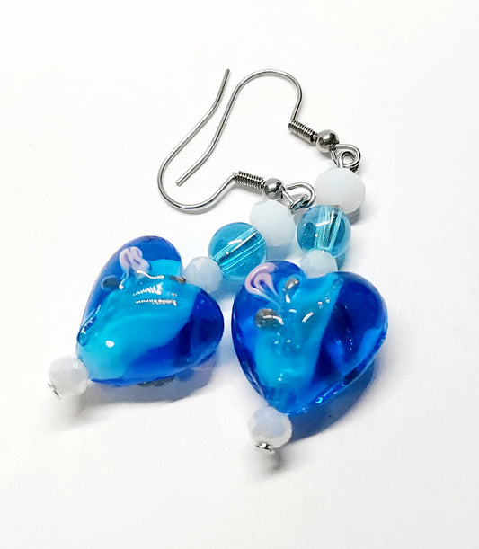 Glass Blue hearts with stainless steel hooks