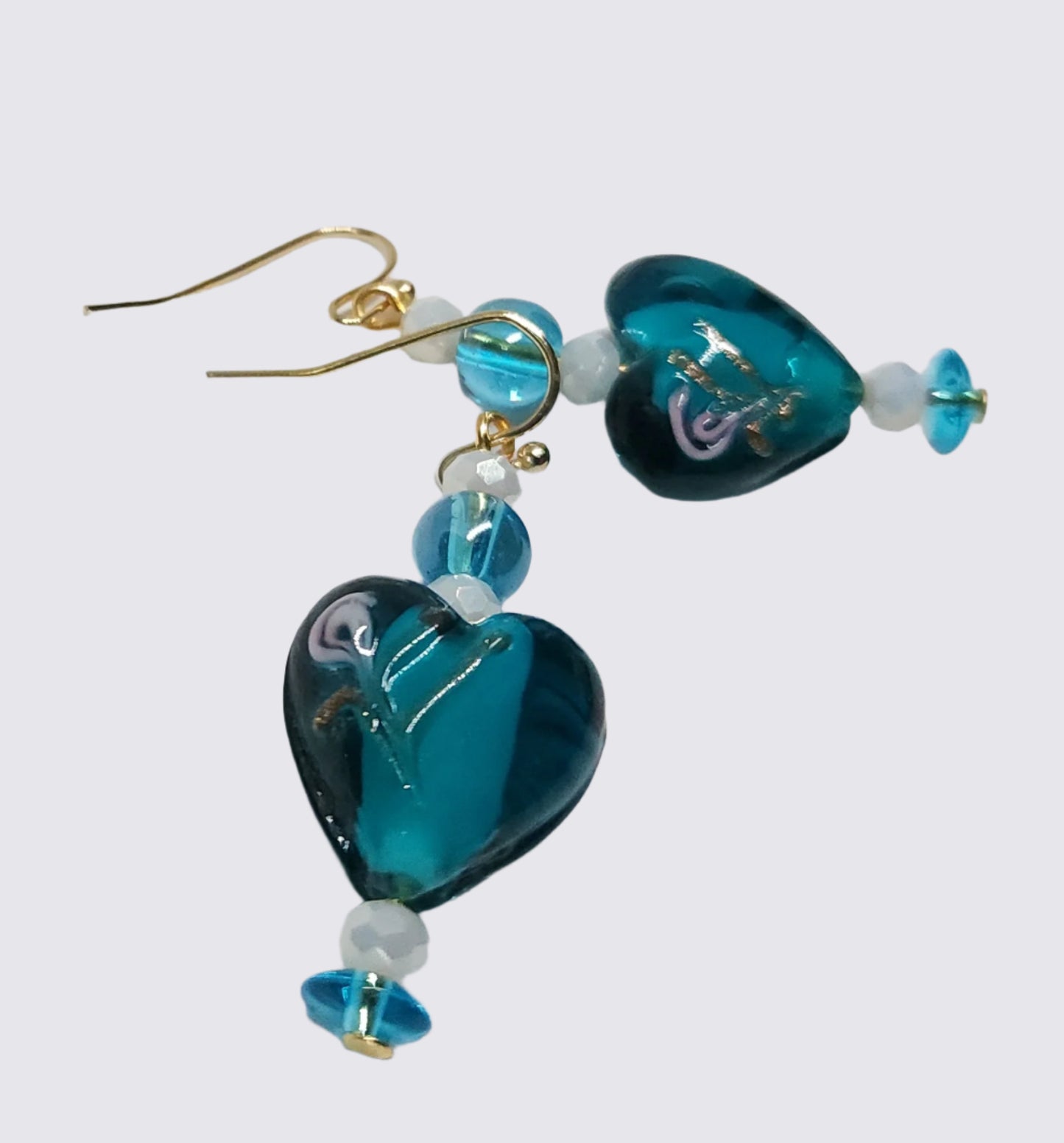 Teal Glass Hearts & Gold Coloured Hooks