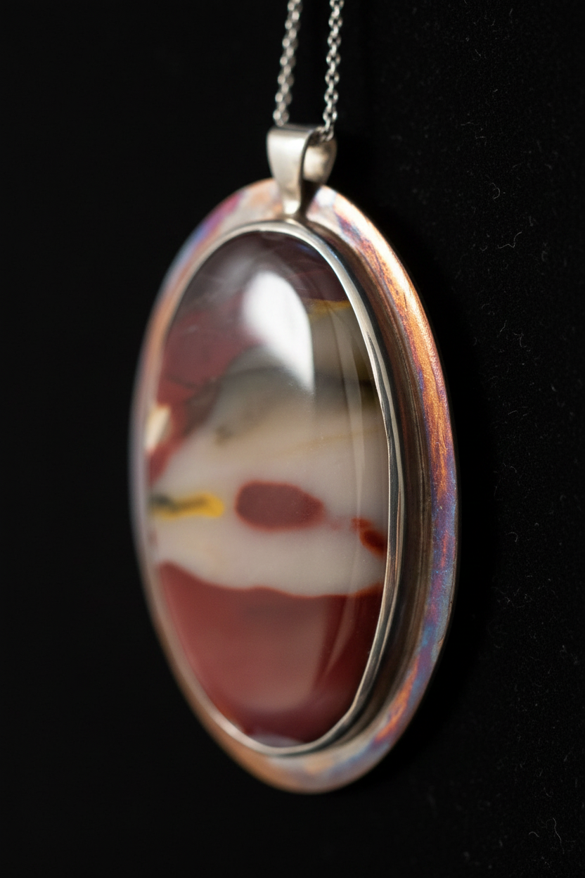 An oval pendant necklace featuring a natural marbled agate stone with shades of red, white, and gray, set in a silver-toned bezel with an iridescent rainbow edge, hanging from a silver chain against a black background.