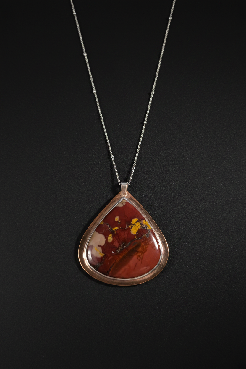 A teardrop-shaped pendant necklace featuring a polished red and orange agate stone with yellow inclusions, set in a rose gold bezel on a delicate silver chain, presented against a dark background.