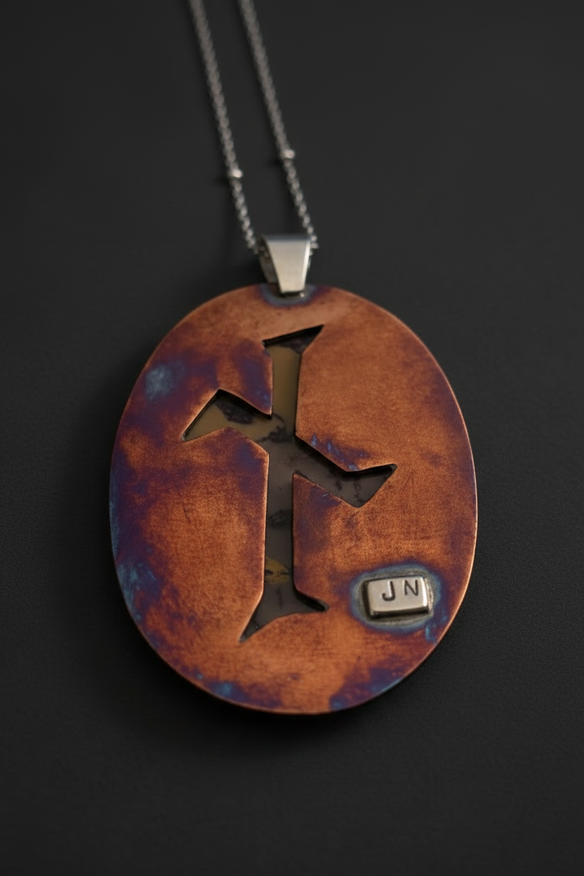 An oval pendant necklace with a rustic copper and purple-blue patina finish, featuring a cutout cross design and a small silver 'JN' nameplate, shown on a dark background.