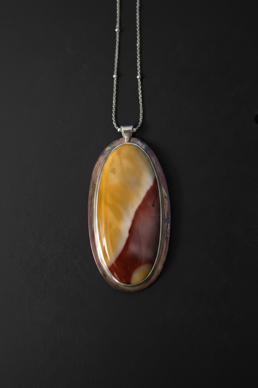 An oval pendant necklace featuring a marbled agate stone with yellow, cream, and reddish-brown patterns, set in a silver-toned bezel on a dark background.