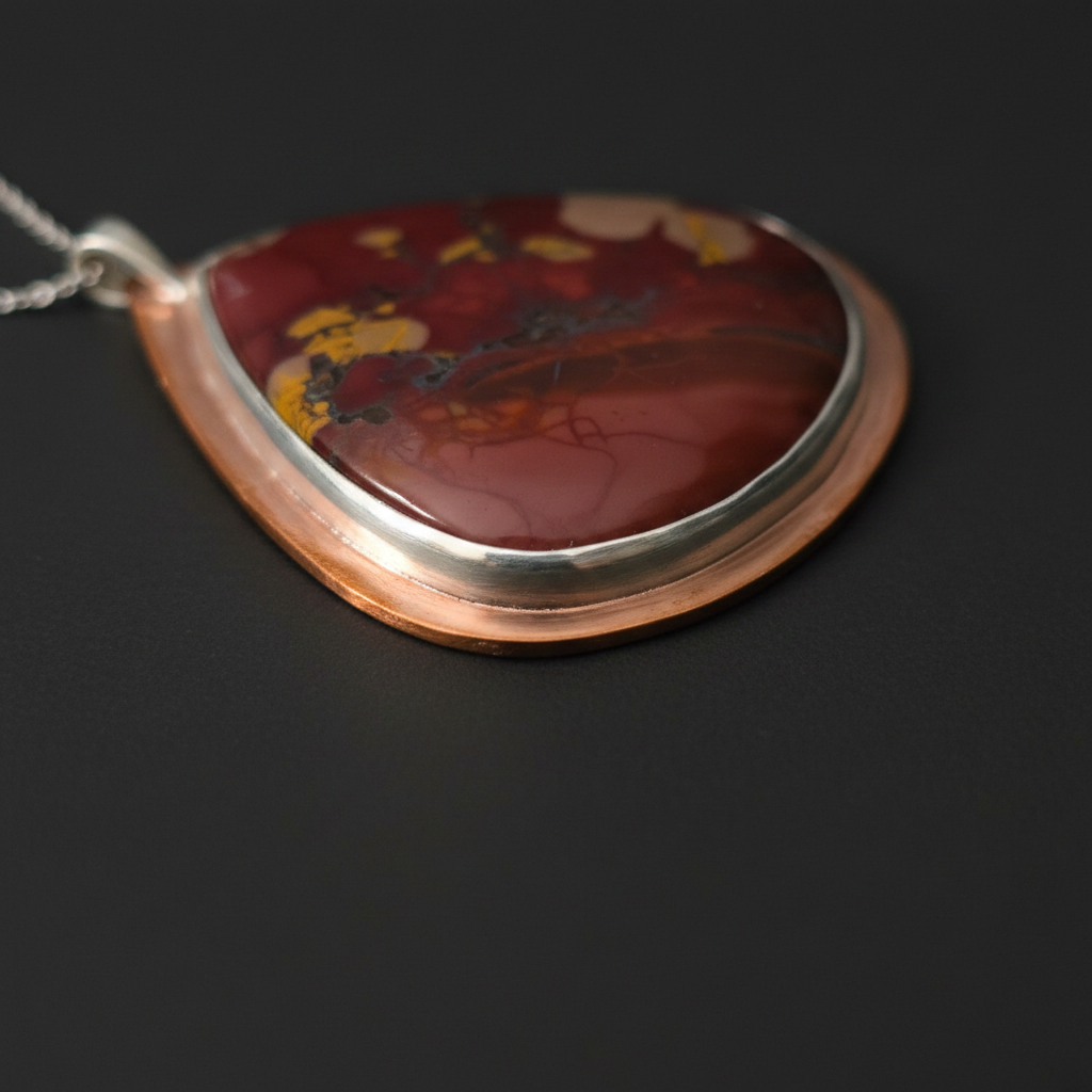 A teardrop-shaped pendant necklace featuring a polished red jasper stone with yellow and black matrix patterns, set in a copper-toned bezel with a silver-colored inner border and a silver chain.