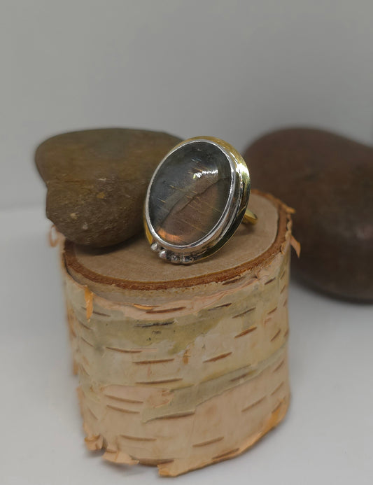 Lunar Balance – Labradorite Ring with Brass & Sterling Silver Accents size 6/6.25
