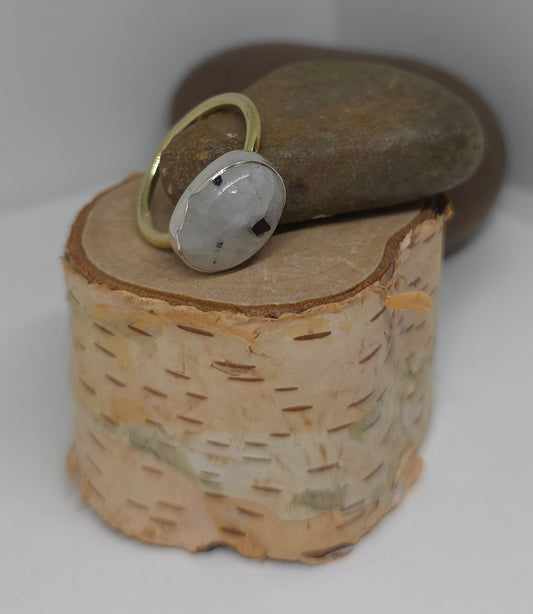 Celestial Harmony – Rainbow Moonstone & Tourmaline Ring Size 10/10.25
