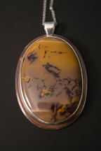 An oval pendant necklace featuring a polished amber-brown stone with dark inclusions, set in a silver-toned metal bezel with a silver chain, shown against a dark background.