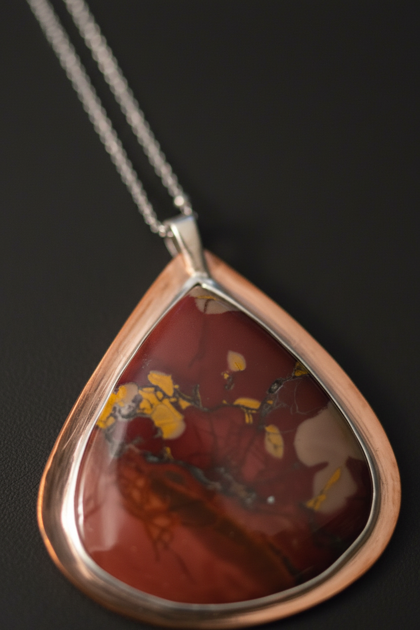 A teardrop-shaped pendant necklace featuring a polished copper-toned bezel holding a red and brown marbled stone with yellow inclusions, suspended from a silver chain against a dark background.