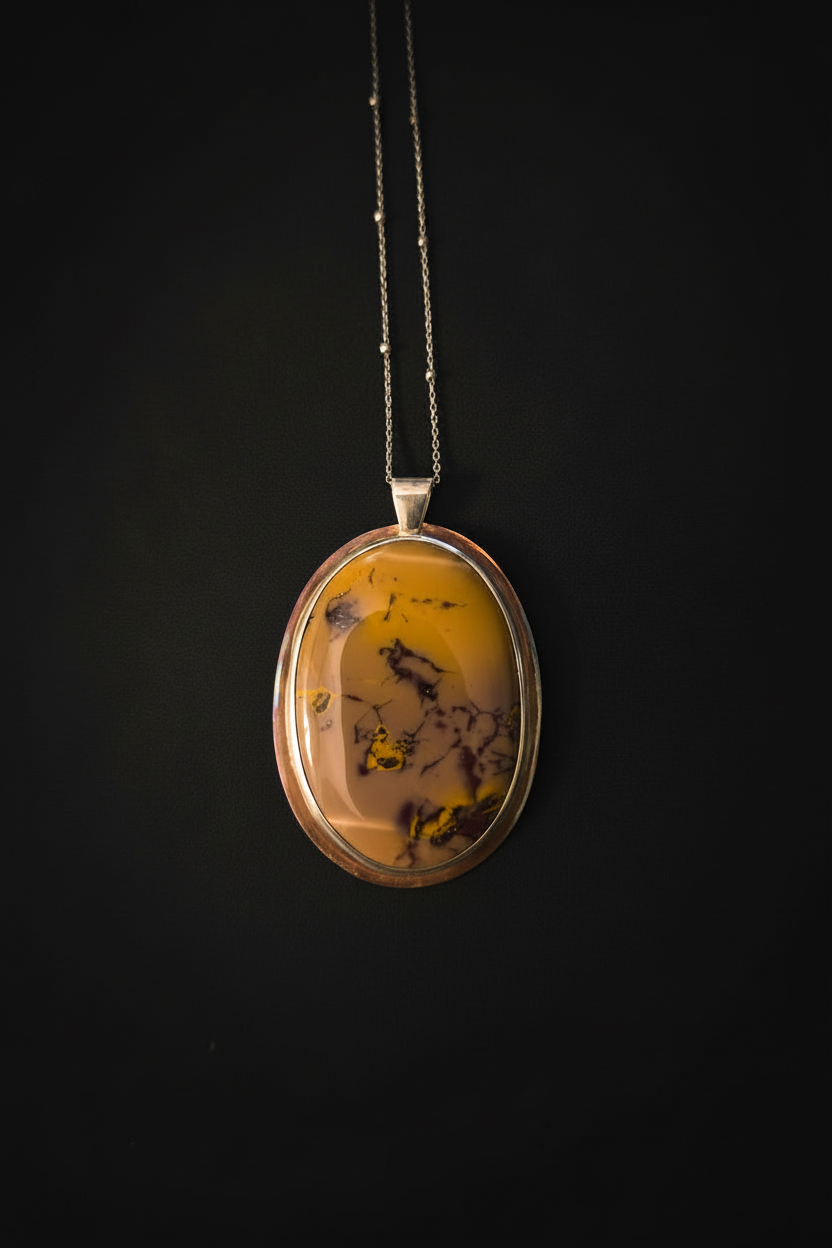 An oval pendant necklace featuring a yellow and brown marbled stone with dark inclusions, set in a silver-toned metal frame and suspended from a delicate silver chain against a solid black background.