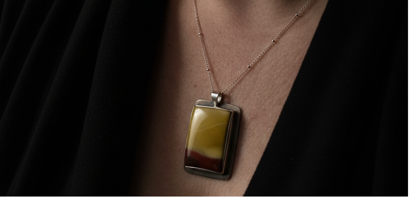 A close-up lifestyle shot of a model wearing a rectangular pendant necklace. The pendant features a layered design with a bright yellow top half, a dark brown middle band, and a silver-toned metal frame and chain.
