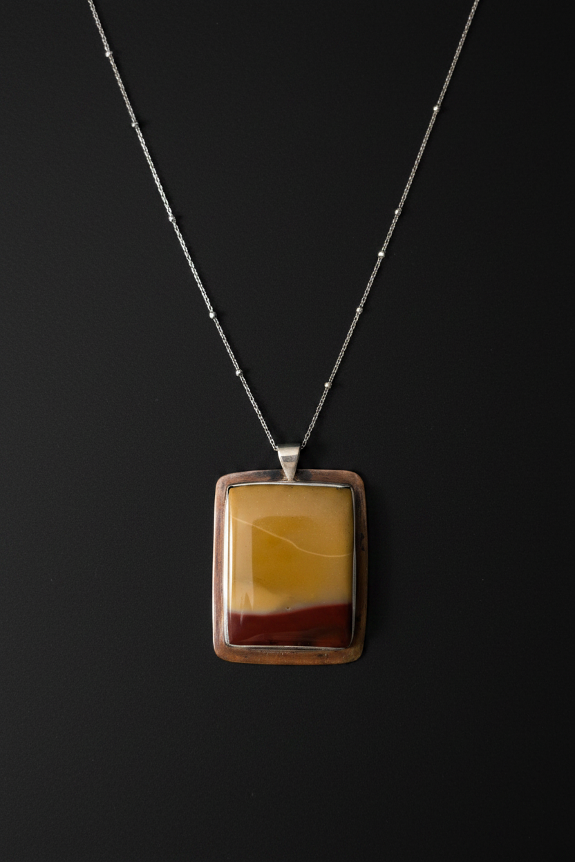 A rectangular pendant necklace featuring a layered agate or stone design with yellow, brown, and dark red bands, set in a silver-toned frame on a delicate silver chain against a dark background.