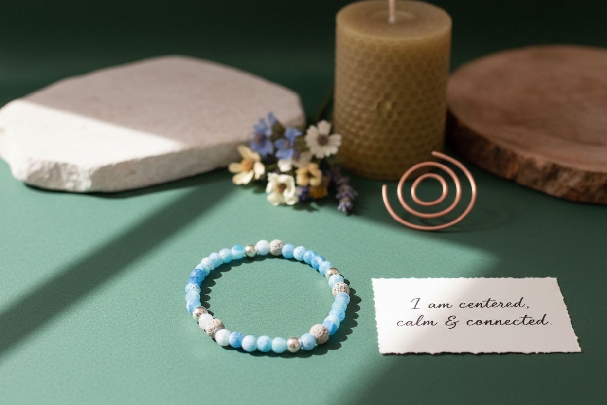 "Shadowcurrent Bracelet by Jewellery by JN with handwritten affirmation card, styled with ritual props on a creamy background."