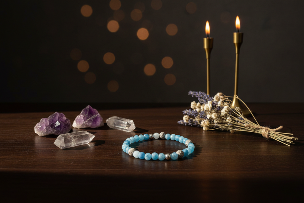 A beaded bracelet made of light blue and white round beads with small metallic spacer beads, displayed on a dark wooden table alongside crystals, purple amethyst stones, dried baby's breath, and two lit gold candlesticks against a dark background with warm bokeh lights.