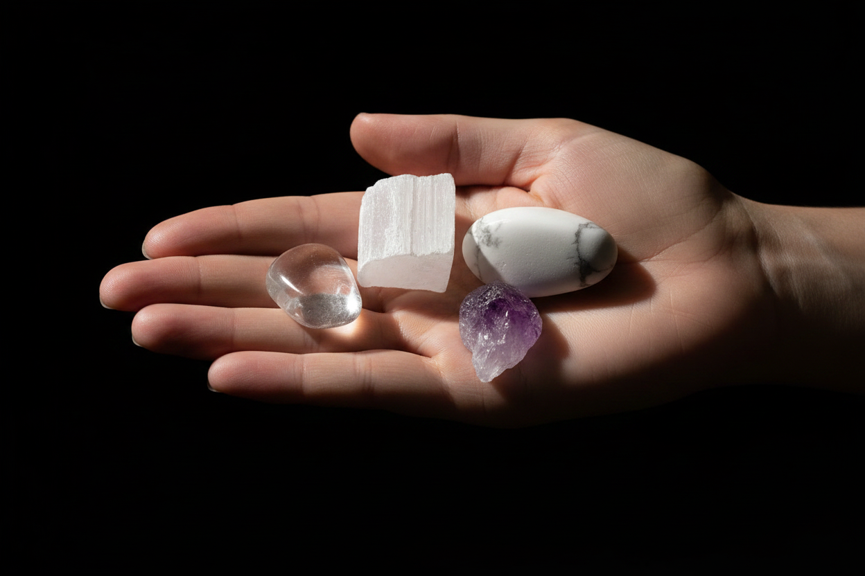 Four raw crystal stones, including a white rose quartz cluster, a white agate oval, a clear quartz sphere, and a purple amethyst chunk, resting on an open hand against a solid black background.