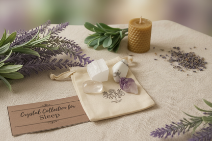 Sleep Gemstone Bag by Jewellery by JN, recycled cotton pouch with tumbled Selenite, Clear Quartz, Amethyst, and Howlite, displayed on creamy linen with ritual props.